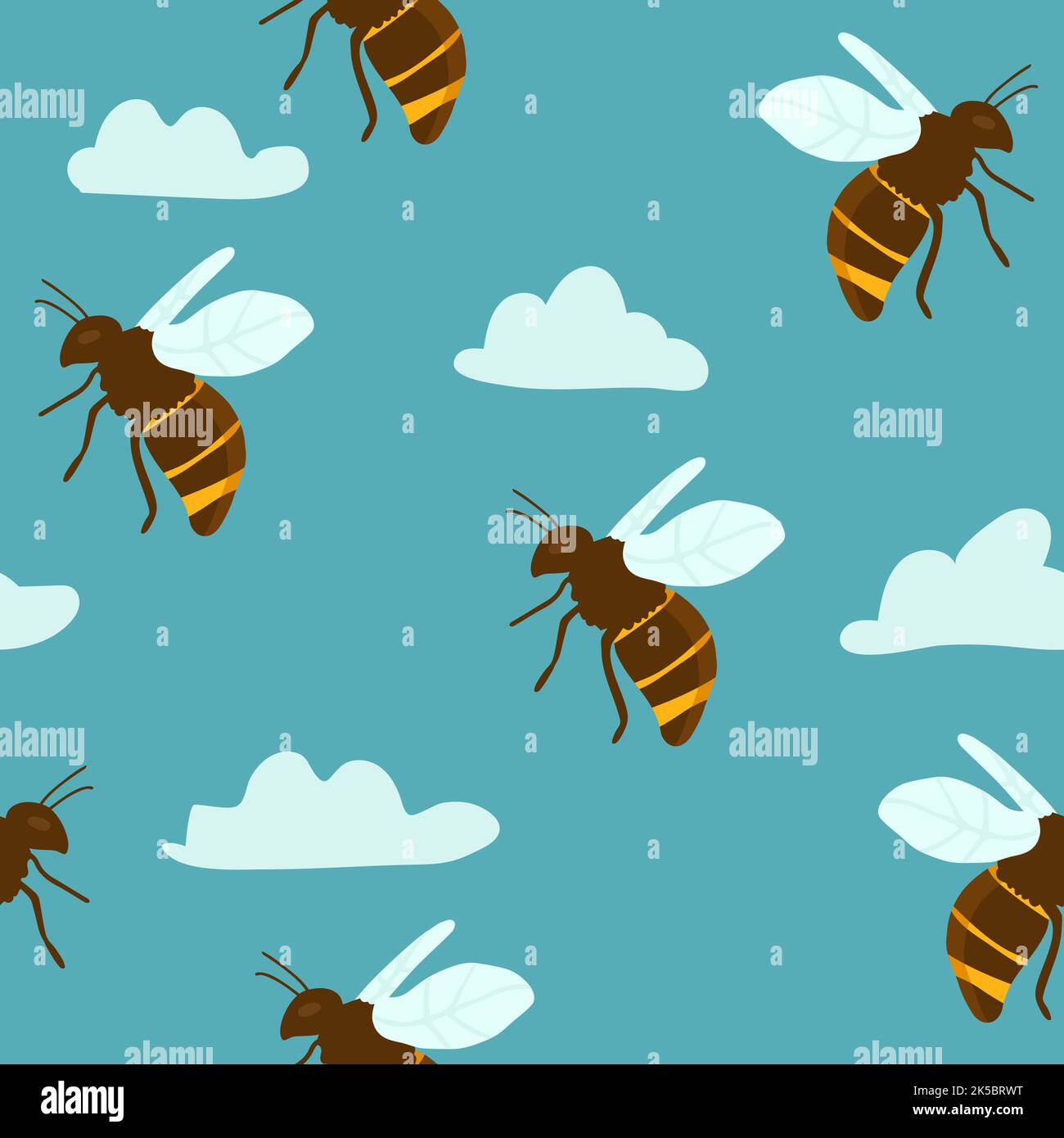 Vector seamless pattern with flying cartoon bees and flowers background ...