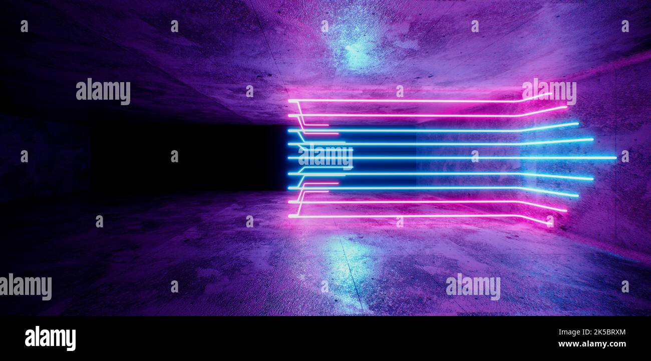 3d render, abstract background, empty room, night club stage, neon lights, virtual reality environment, grid, ultraviolet spectrum, laser show, glowin Stock Photo