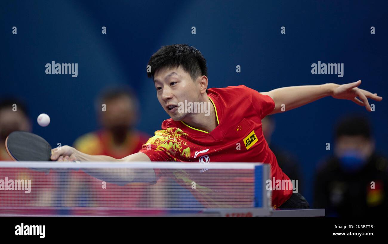 CHENGDU, CHINA - OCTOBER 7, 2022 - Ma Long of China competes against Sweden Men Team during 2022 ITTF World Team Championships Finals Round of 8 match Stock Photo