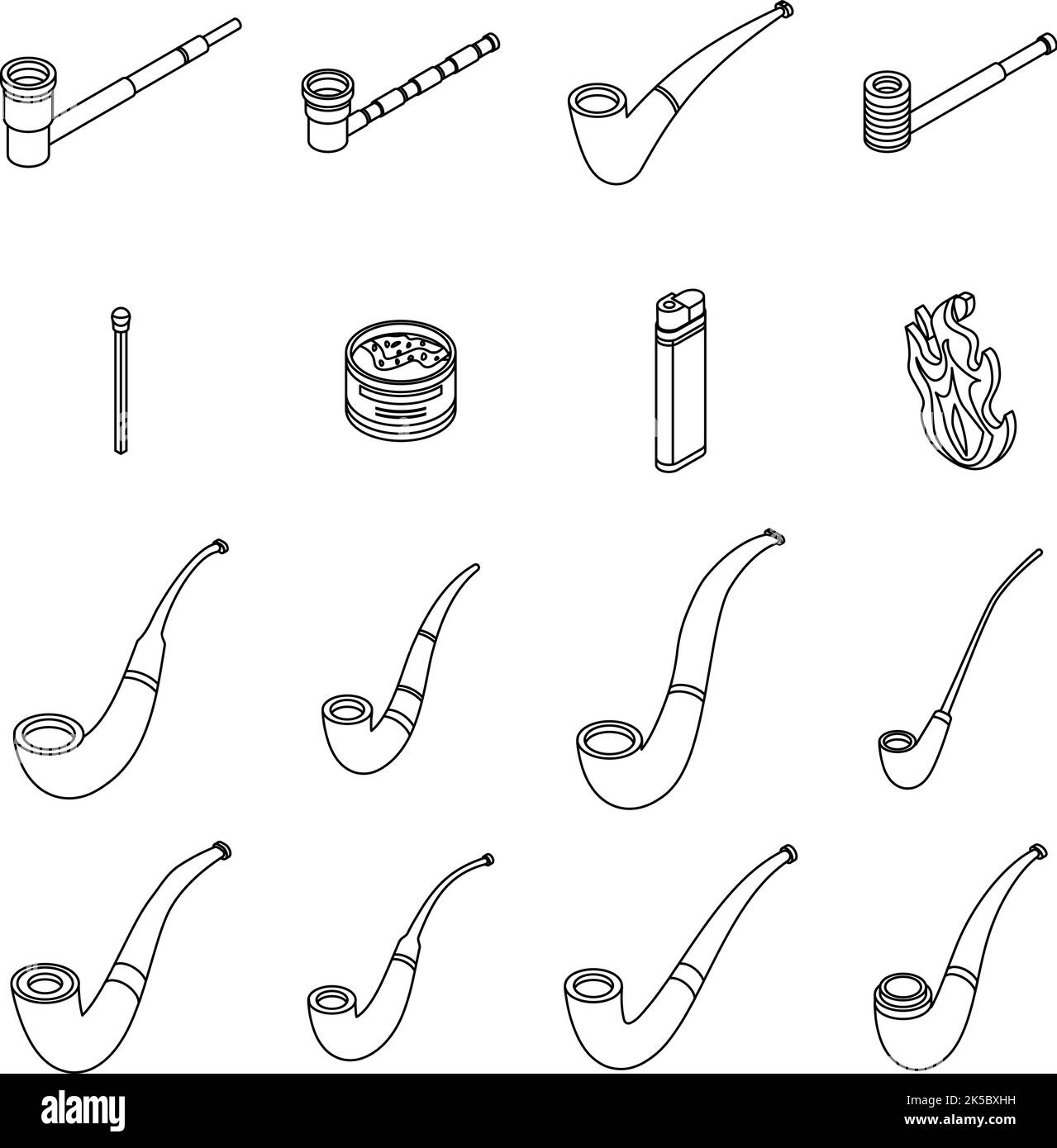 Smoking pipe icons set. Isometric set of smoking pipe vector icons thin line outline on white isolated Stock Vector