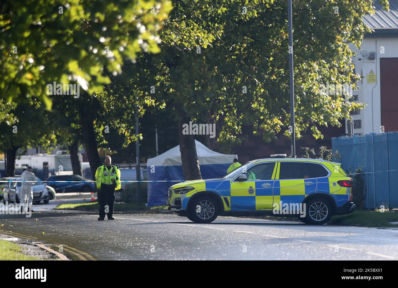 The scene outside Ascot Drive police station in Derby where a man was