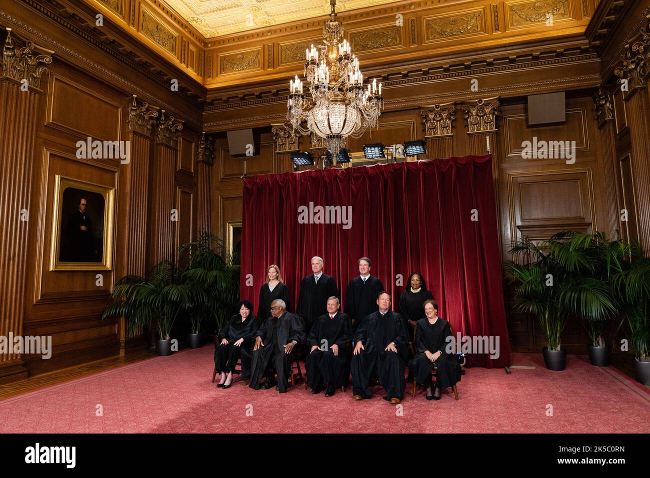 Washington, United States. 07th Oct, 2022. Justices of the US Supreme Court during a formal group photograph at the Supreme Court in Washington, DC, US, on Friday, Oct. 7, 2022. Seated from left: Associate Justice Sonia Sotomayor, Associate Justice Clarence Thomas, Chief Justice John Roberts, Associate Justice Samuel Alito Jr. and Associate Justice Elena Kagan. Standing from left: Associate Justice Amy Coney Barrett, Associate Justice Neil Gorsuch, Associate Justice Brett Kavanaugh and Associate Justice Ketanji Brown Jackson. Photo by Eric Lee/UPI Credit: UPI/Alamy Live News Stock Photo