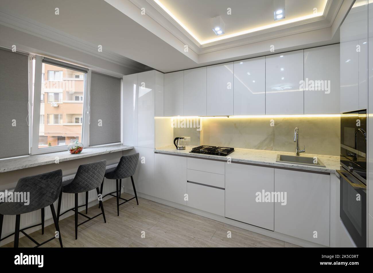 Interior of a modern white kitchen in a luxury studio apartmen Stock ...