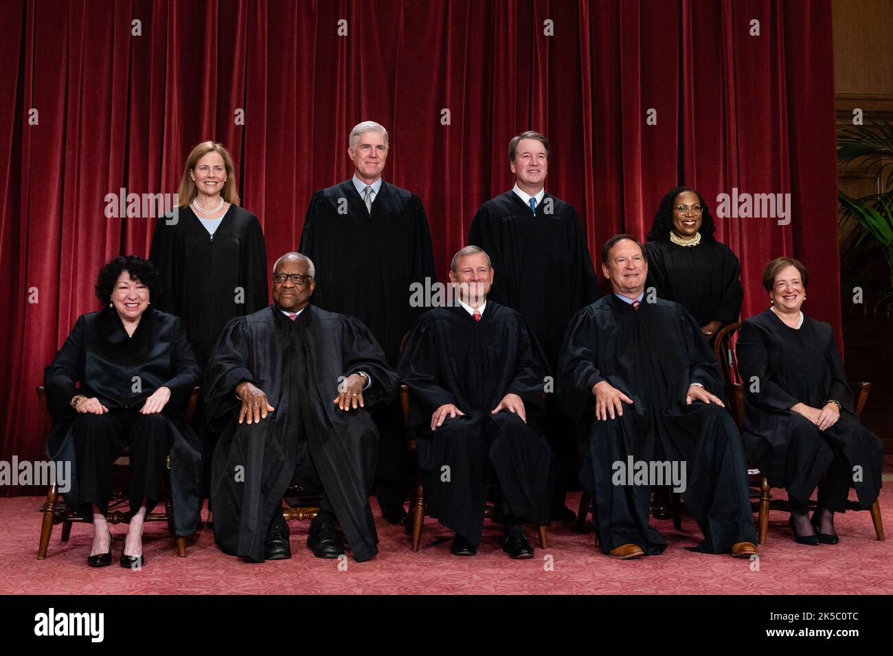 Washington, United States. 07th Oct, 2022. Justices of the US Supreme Court during a formal group photograph at the Supreme Court in Washington, DC, US, on Friday, Oct. 7, 2022. Seated from left: Associate Justice Sonia Sotomayor, Associate Justice Clarence Thomas, Chief Justice John Roberts, Associate Justice Samuel Alito Jr. and Associate Justice Elena Kagan. Standing from left: Associate Justice Amy Coney Barrett, Associate Justice Neil Gorsuch, Associate Justice Brett Kavanaugh and Associate Justice Ketanji Brown Jackson. Photo by Eric Lee/UPI Credit: UPI/Alamy Live News Stock Photo