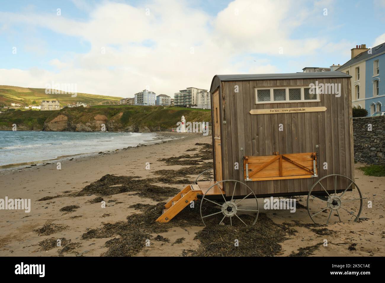 a view of the bay at Port Erin, Isle of Man with a bathing cabin in the