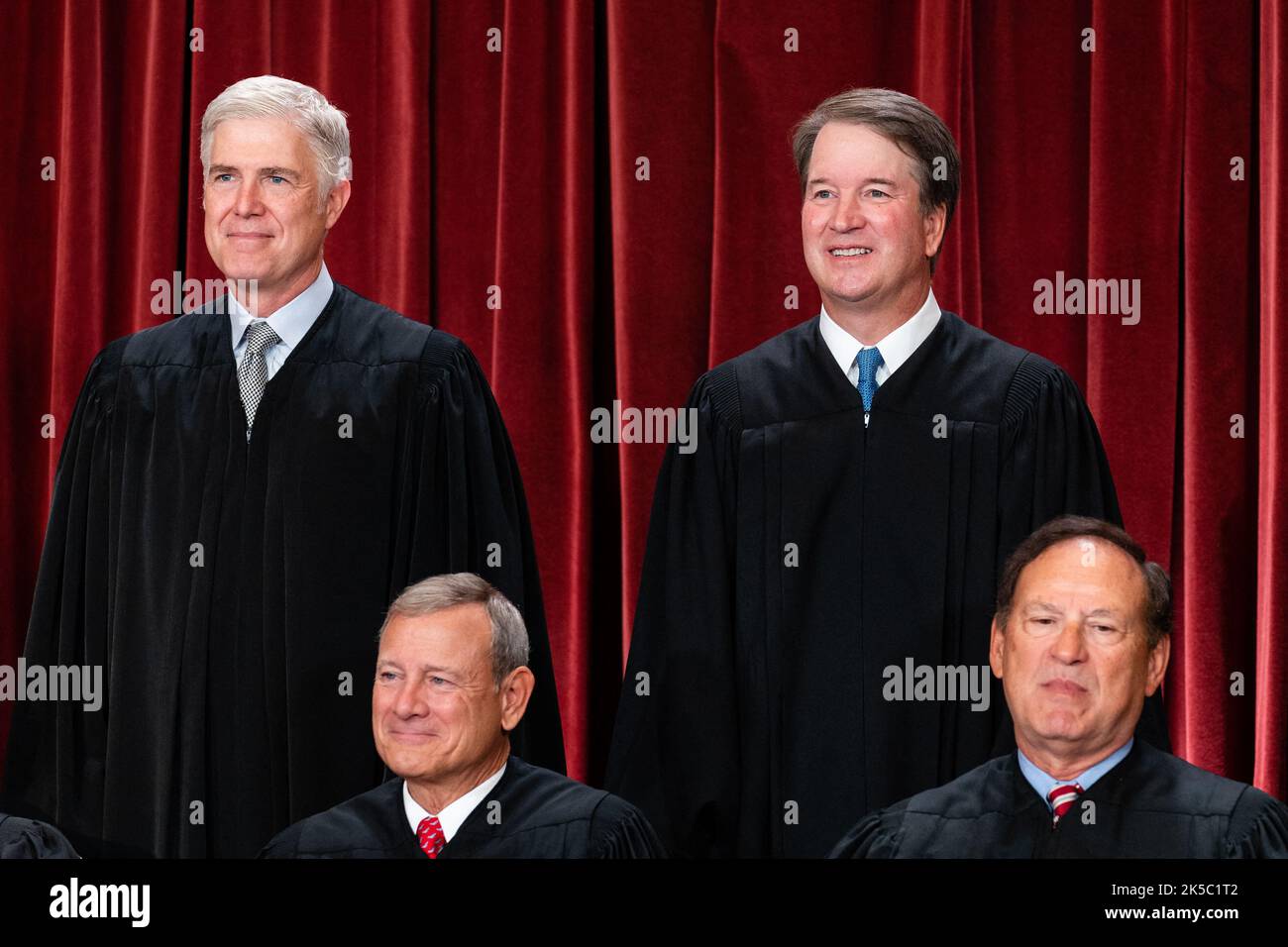 Justices of the US Supreme Court during a formal group photograph at the Supreme Court in Washington, DC, US, on Friday, Oct. 7, 2022. Seated from left: Chief Justice John Roberts and Associate Justice Samuel Alito Jr. Standing from left: Associate Justice Neil Gorsuch and Associate Justice Brett Kavanaugh. The court opened its new term Monday with a calendar already full of high-profile clashes, including two cases that could end the use of race in college admissions. Photo by Eric Lee/Pool/ABACAPRESS.COM Stock Photo