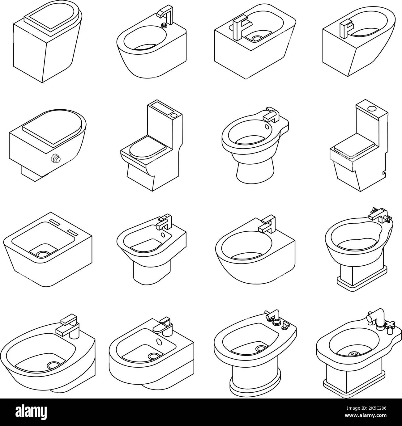 Bidet icons set. Isometric set of bidet vector icons thin line outline on white isolated Stock Vector