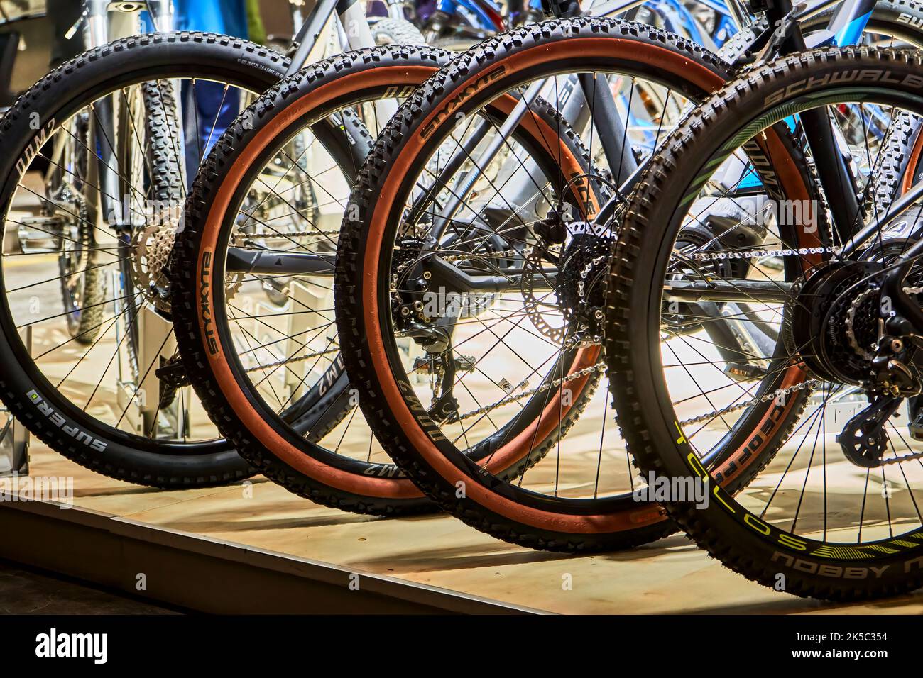 Schwalbe Styx MTB tires for the rear wheels of mountain bikes on a sales stand, Hannover, Germany, September 17, 2022 Stock Photo