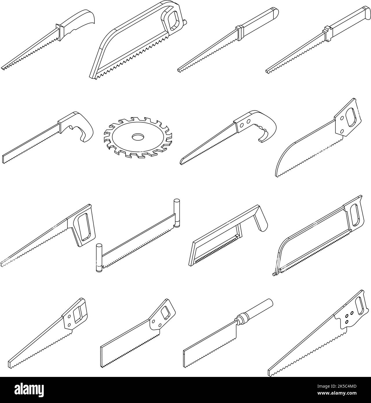 Saw icons set. Isometric set of saw vector icons thin line outline on ...