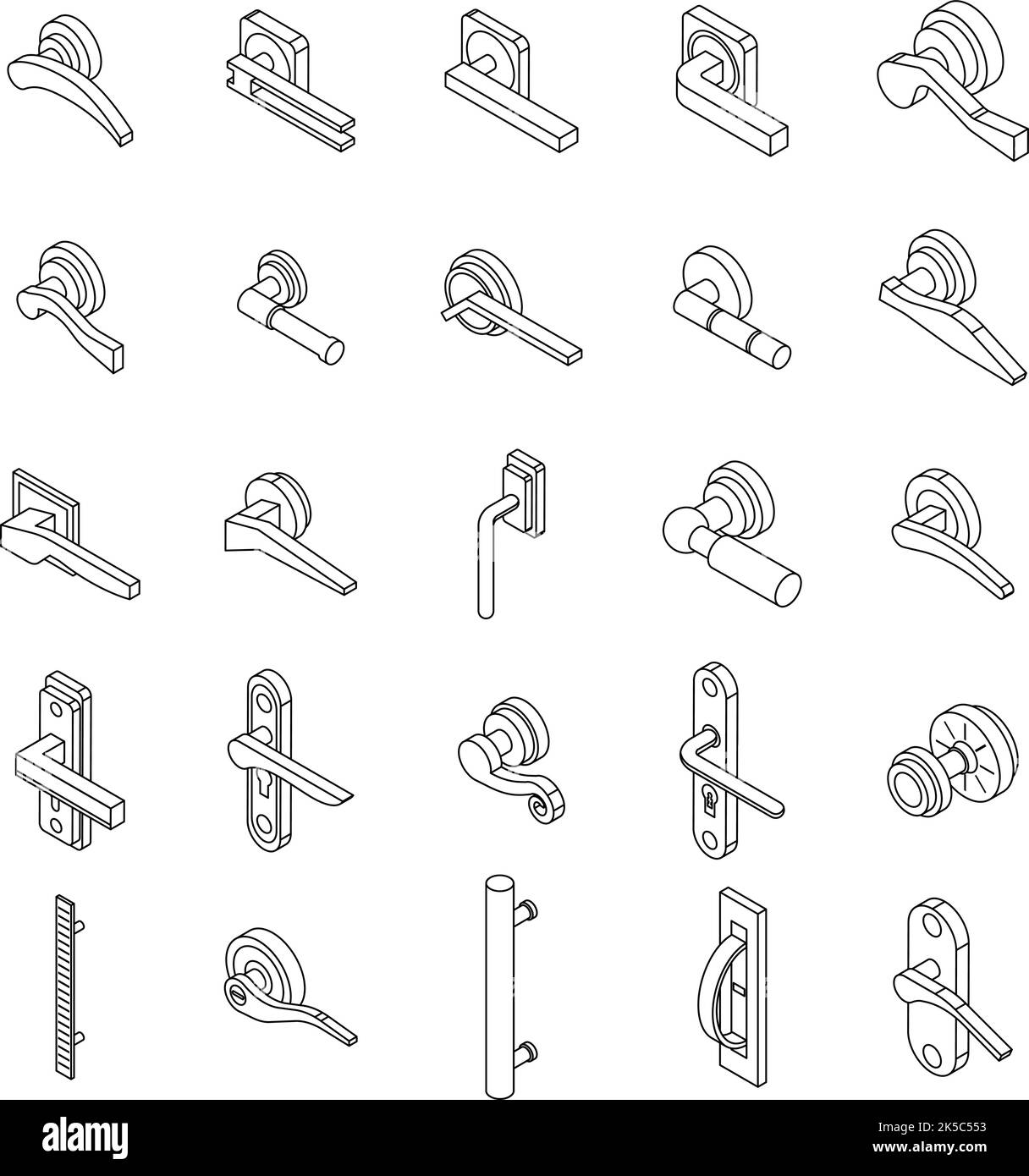 Door handles icons set. Isometric set of door handles vector icons thin