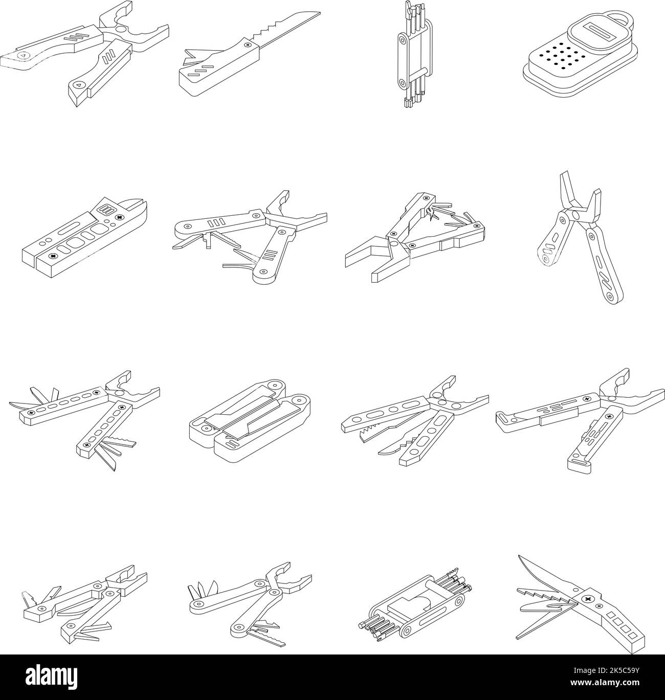 Multitool icons set. Isometric set of multitool vector icons thin line