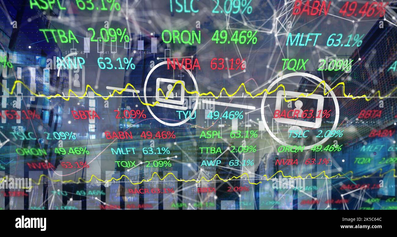 Image of network of connections with icons and stock market over ...
