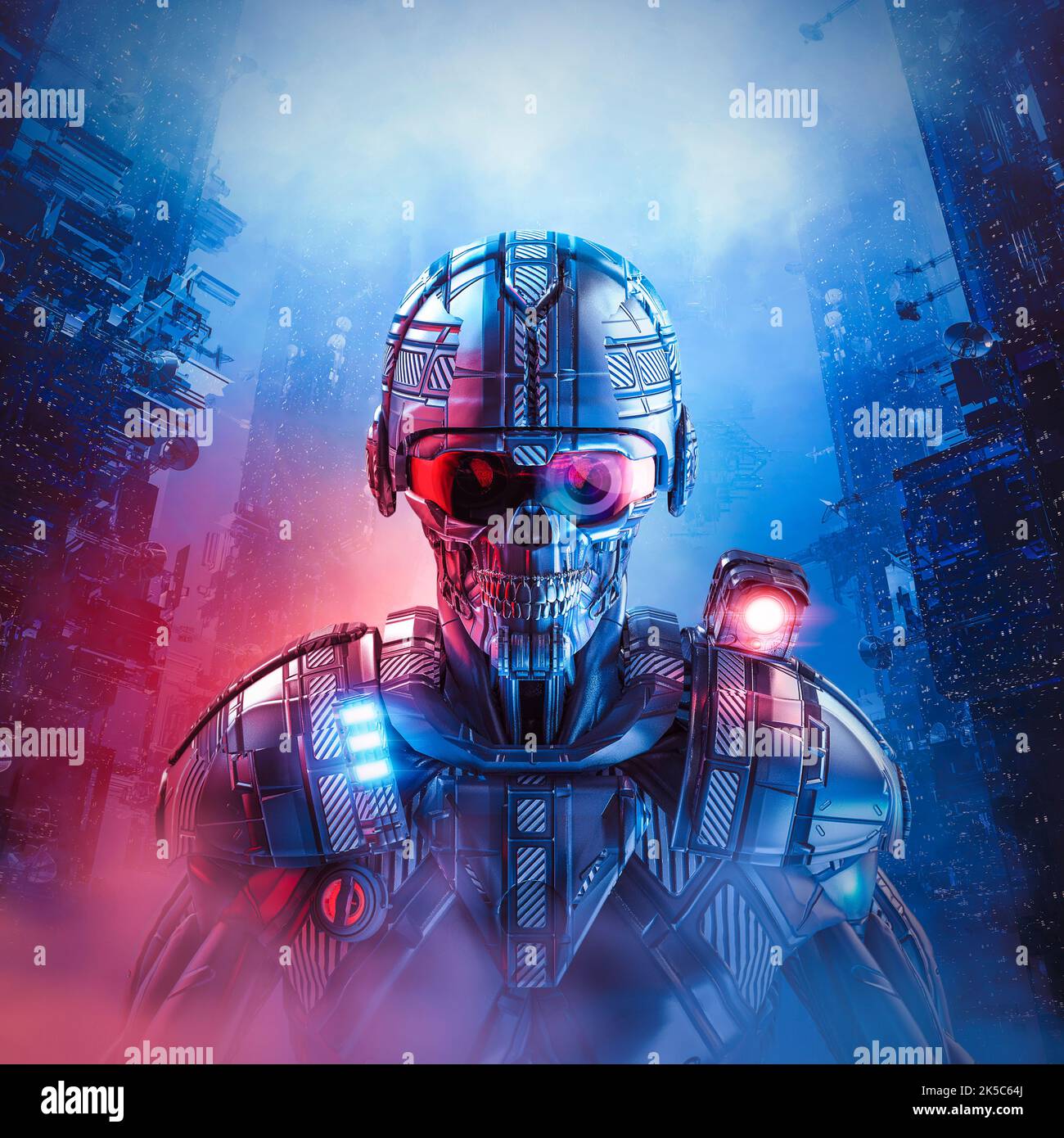 Robot police officer - 3D illustration of skull faced science fiction cyberpunk law enforcement android patrolling futuristic city Stock Photo