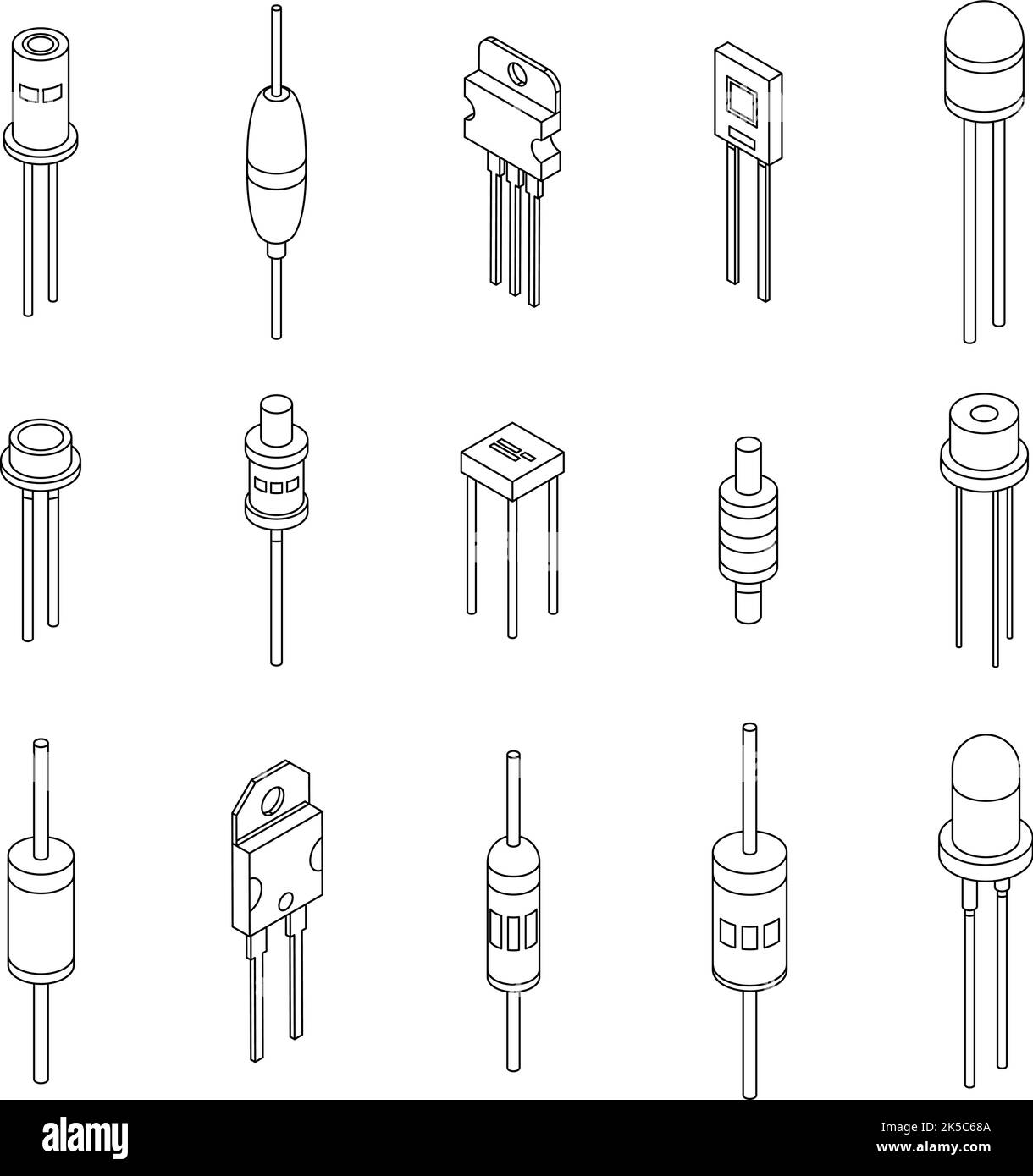 Diode icons set. Isometric set of diode vector icons thin line outline