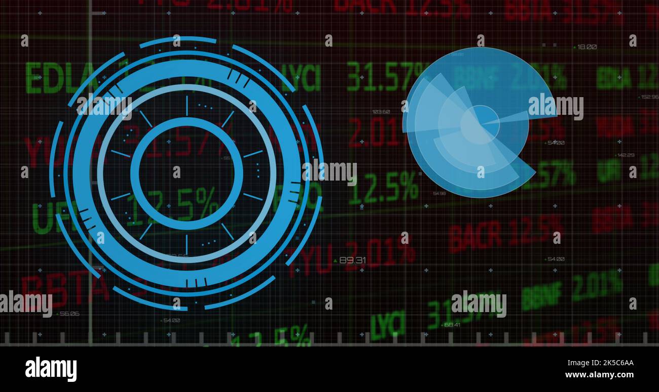 Image of round scanners over stock market data processing against black ...