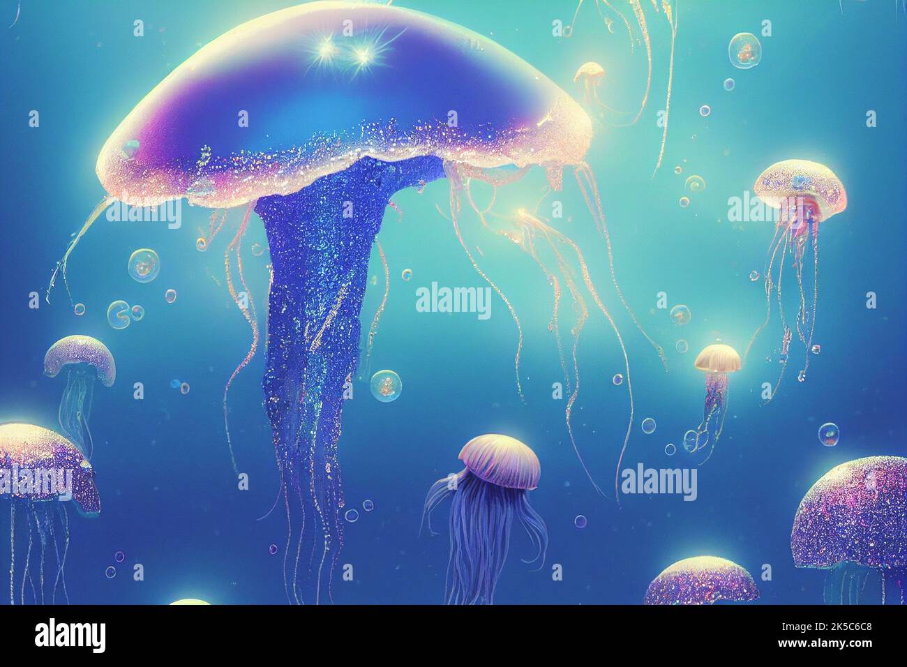 Jellyfish floating in the sea. Beautiful blue ocean life with sparkle