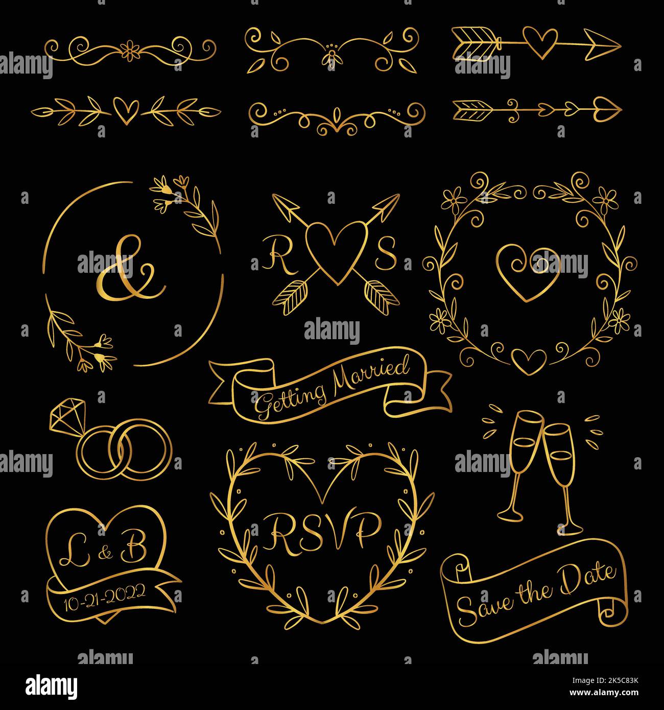 hand drawn wedding ornaments collection vector design illustration ...