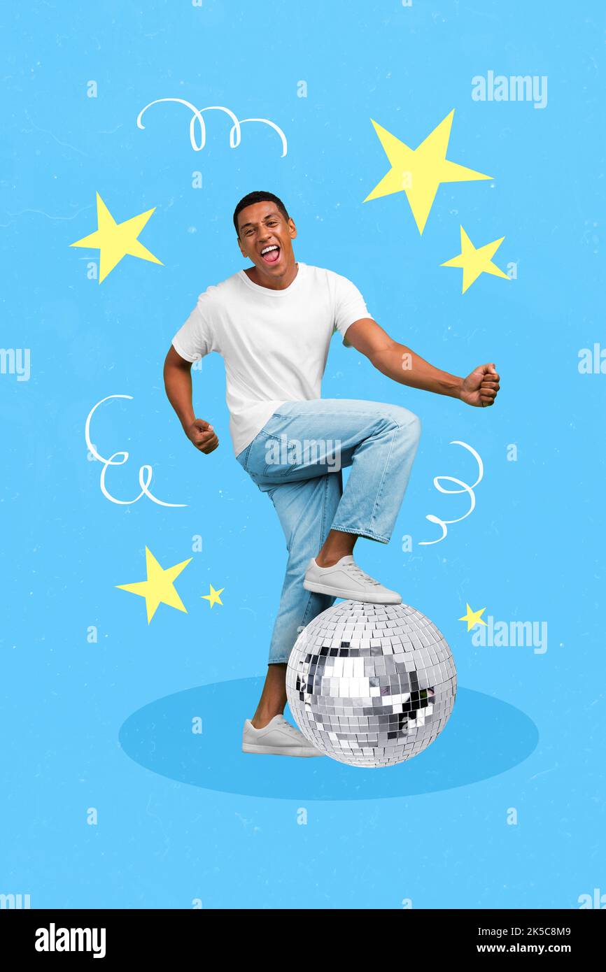 Vertical collage portrait of positive careless guy one leg stand disco