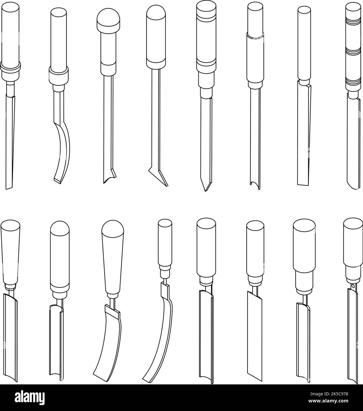 Chisel icons set. Isometric set of chisel vector icons thin line