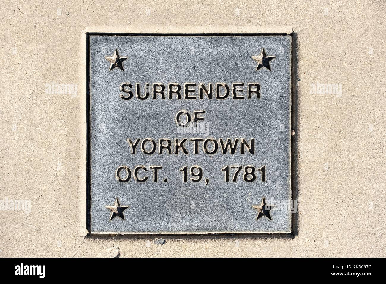 Metal plaque marking the Surrender of Yorktown Oct. 19, 1781 Stock Photo