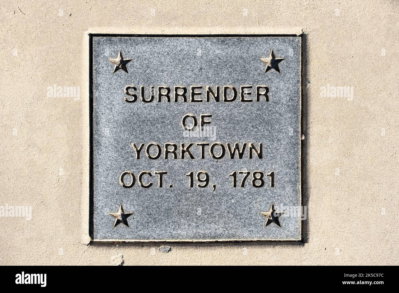 Metal plaque marking the Surrender of Yorktown Oct. 19, 1781 Stock