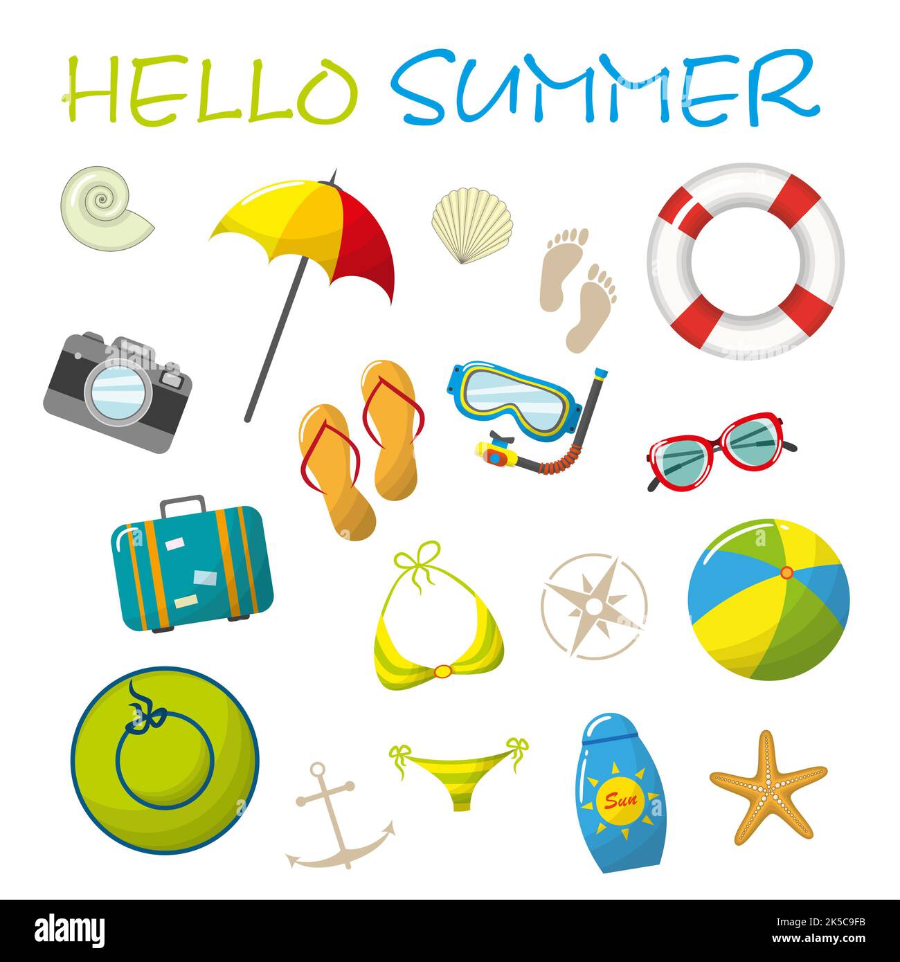 Set of cartoon summer accessories Stock Photo - Alamy