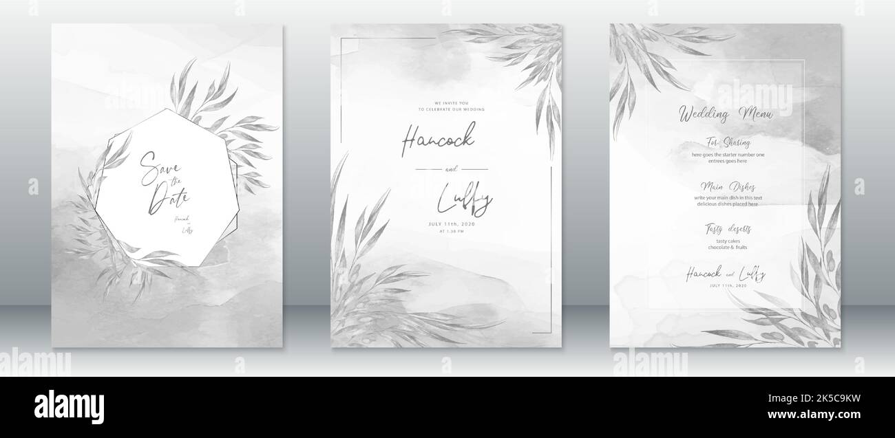 Elegant wedding invitation card template with nature leaf and watercolor gray background Stock Vector