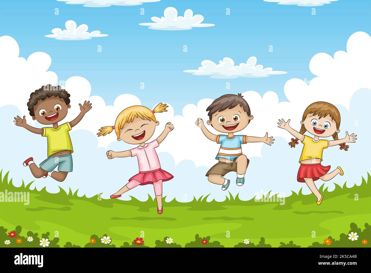 Children jumping on a meadow. Funny cartoon character. Stock Photo