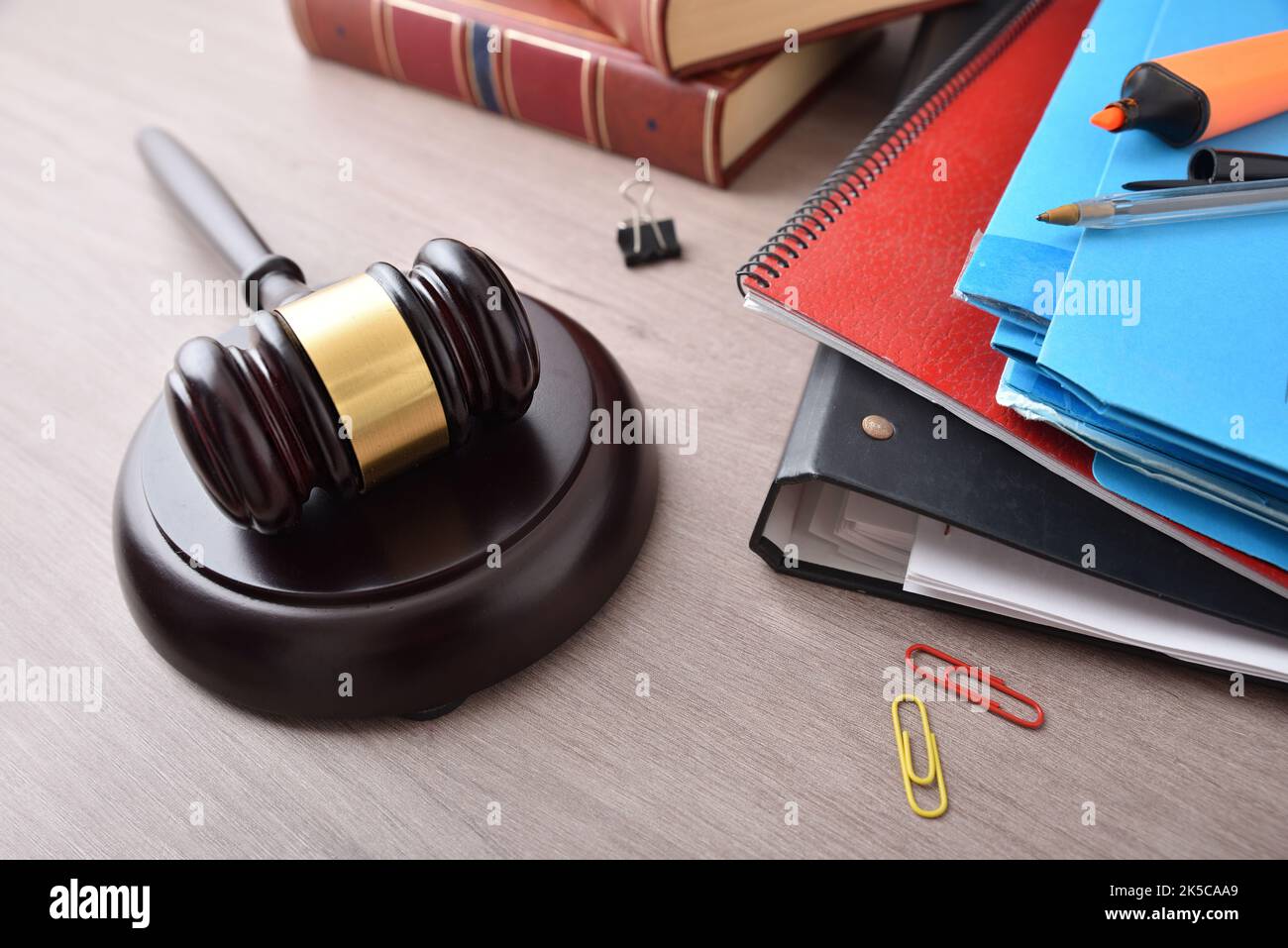 Concept of studying law career with books and class tools and gavel on