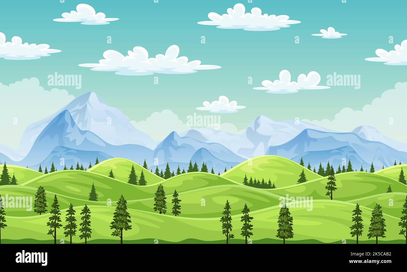 Summer landscape with trees and moutains, illustration Stock Photo - Alamy