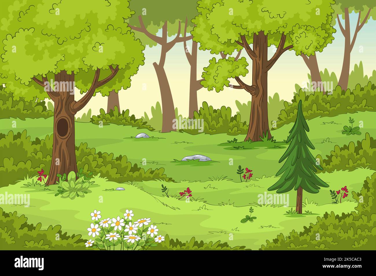 Cartoon summer landscape with trees and flowers Stock Photo Alamy