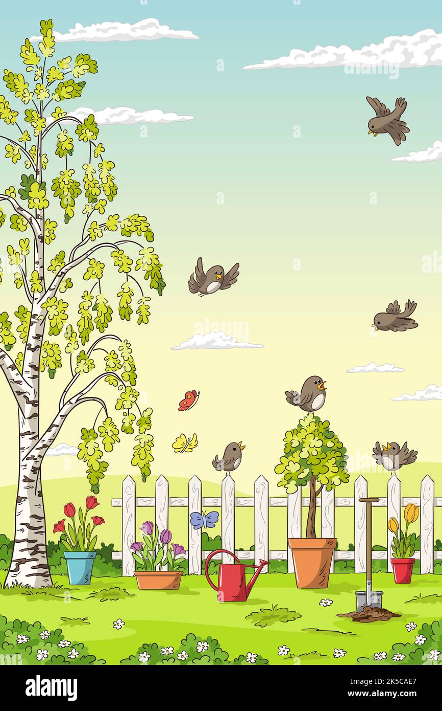 Spring landscape with birds, flowers, trees and gardening tools Stock ...