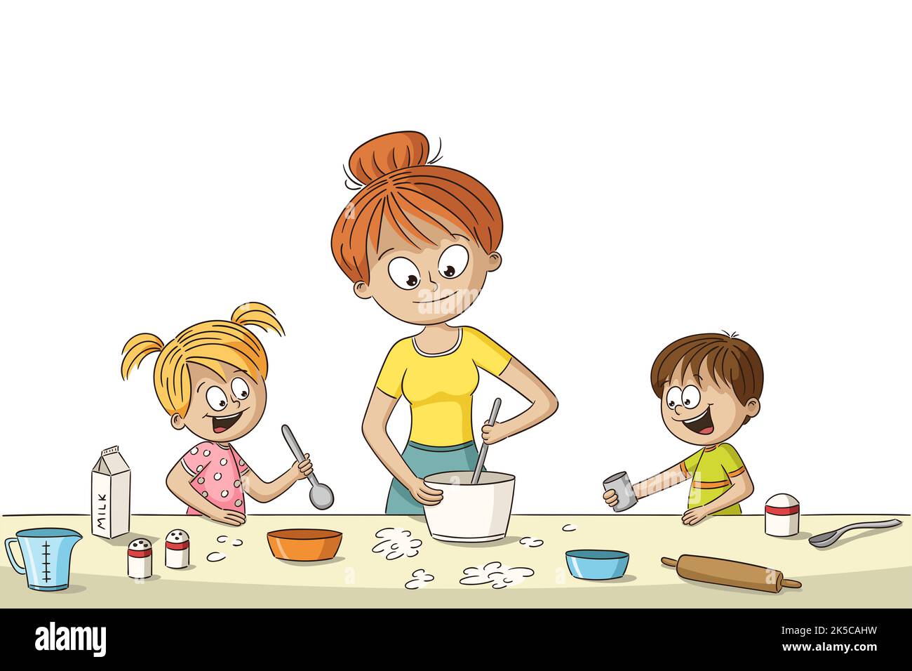 Son Cooking Rice Cartoon Mother and kids are cooking. Funny cartoon hand drawn character Stock ...