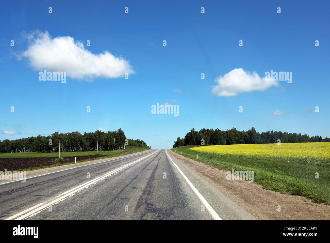 Asphalt road going over the horizon on a sunny day Stock Photo