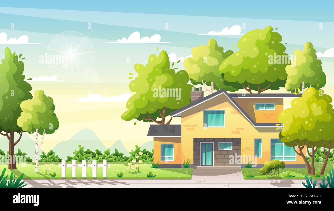 Modern House in summer landscape. Empty street with green trees, fence ...