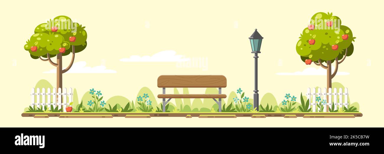 Panorama lanscape with trees, fence, bench and streetlamp. Garden with fruit trees. illustration in modern cartoon style. Stock Photo