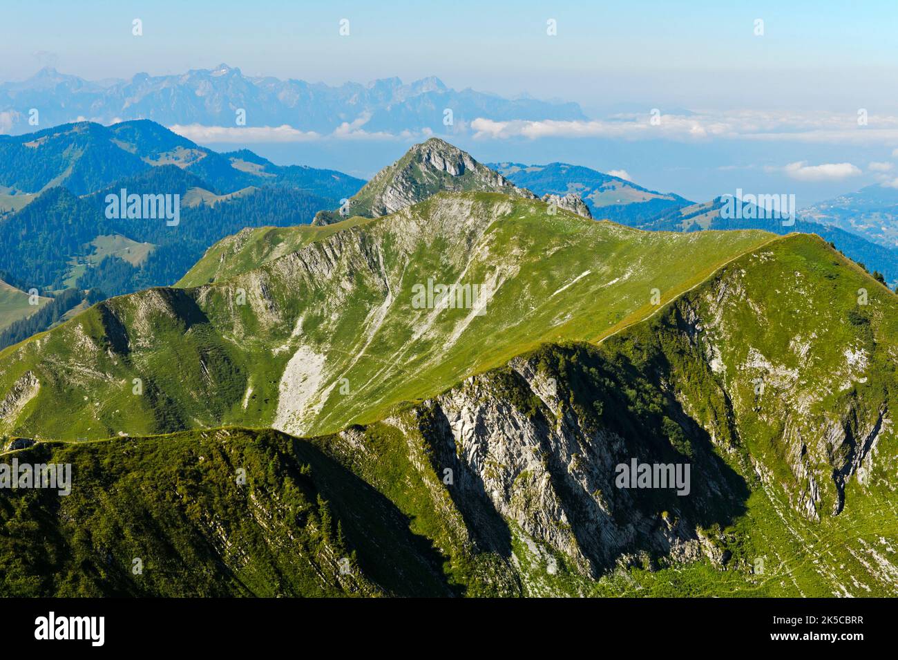 Idyllic foothills of the Alps in Gruyère, Moleson, Moleson-sur-Gruyères, Canton Fribourg, Switzerland Stock Photo