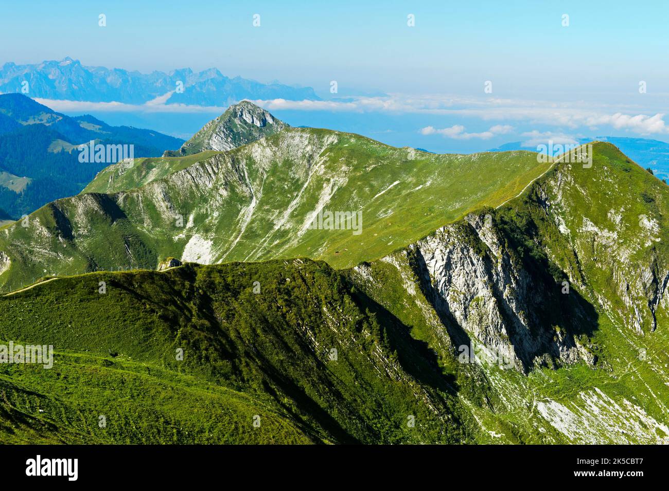 Idyllic foothills of the Alps in Gruyère, Moleson, Moleson-sur-Gruyères, Canton Fribourg, Switzerland Stock Photo