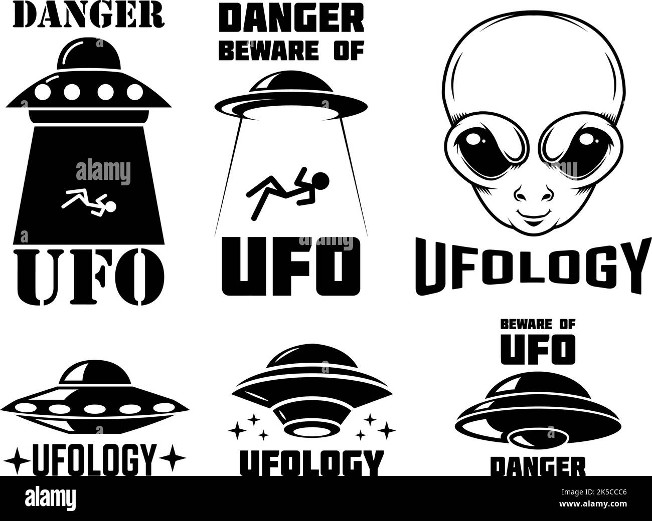 Set of emblems with ufo, alien. Ufology signs. Vector illustration Stock Vector