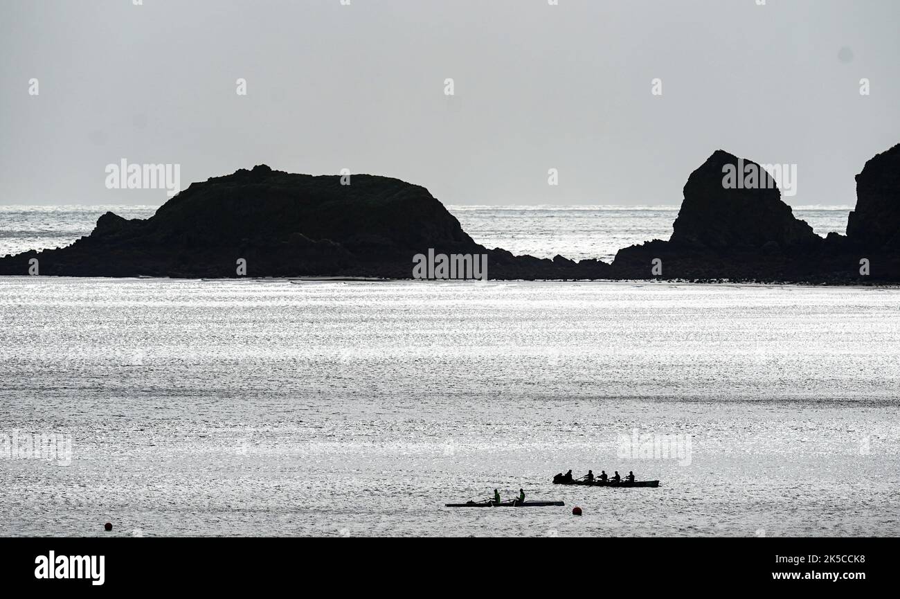 Rowers practice during the World Rowing Championships and Beach Sprint, at Saundersfoot, Wales. Picture date: Friday October 7, 2022. Stock Photo