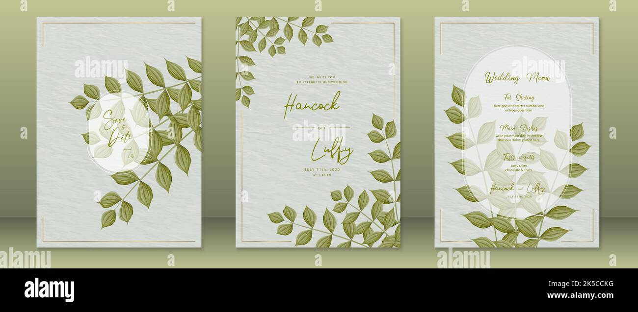 Wedding invitation card template green nature design with watercolor background and green leaf Stock Vector