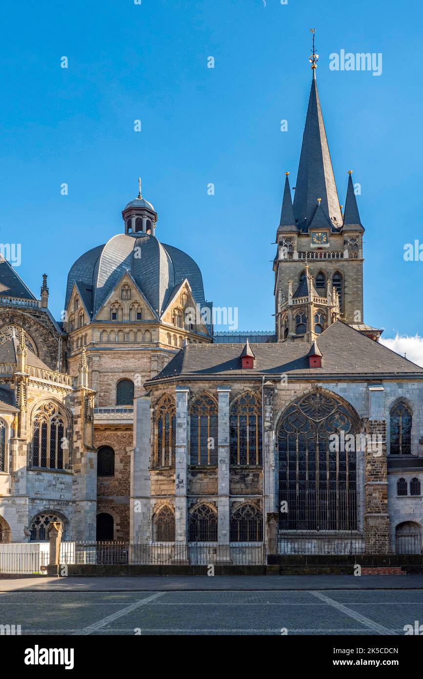 View from Katschhof to Aachen Cathedral, Aachen, North Rhine-Westphalia, Germany Stock Photo