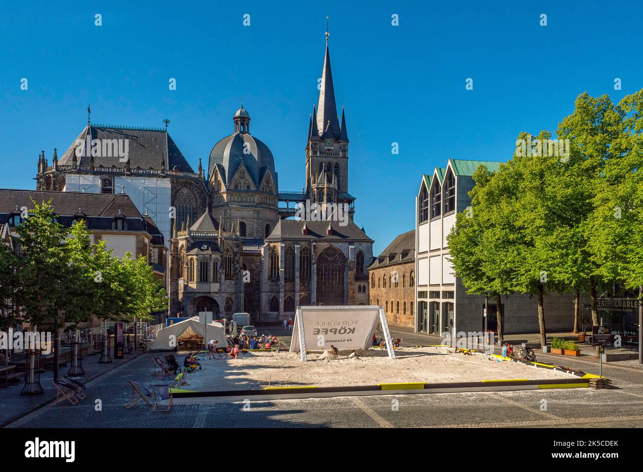 Katschhof, Archimedean Sandpit and Aachen Cathedral, Aachen, North Rhine-Westphalia, Germany Stock Photo