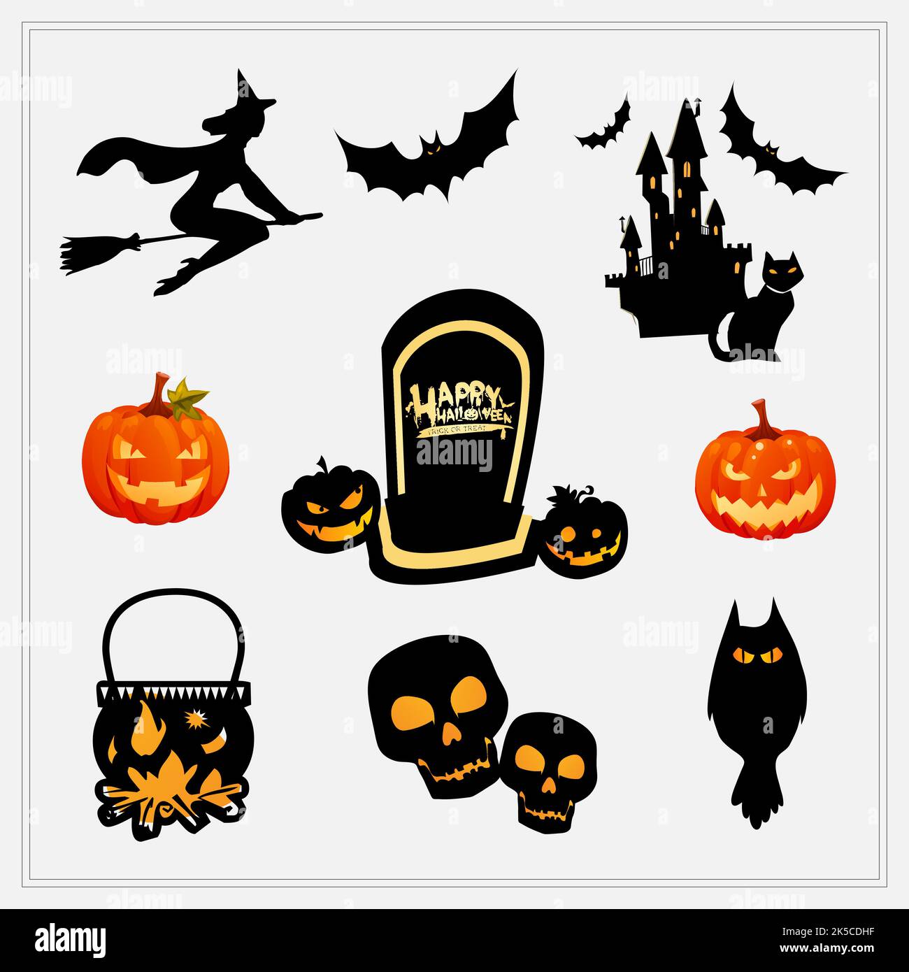 Halloween Elements Icon Set. Witch, Bat, Castle, Cat, Tombstone, Pumpkin, Cauldron Vector Icon Set Stock Vector