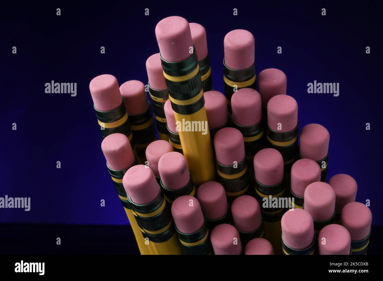 Cluster of new pencils with unused erasers Stock Photo