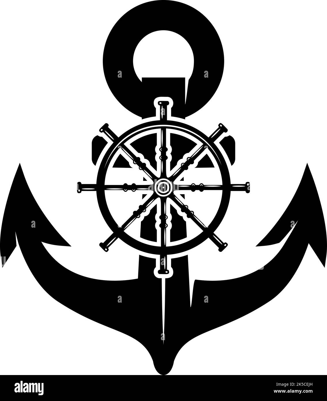 Illustration of an anchor with ship steering wheel in monochrome style