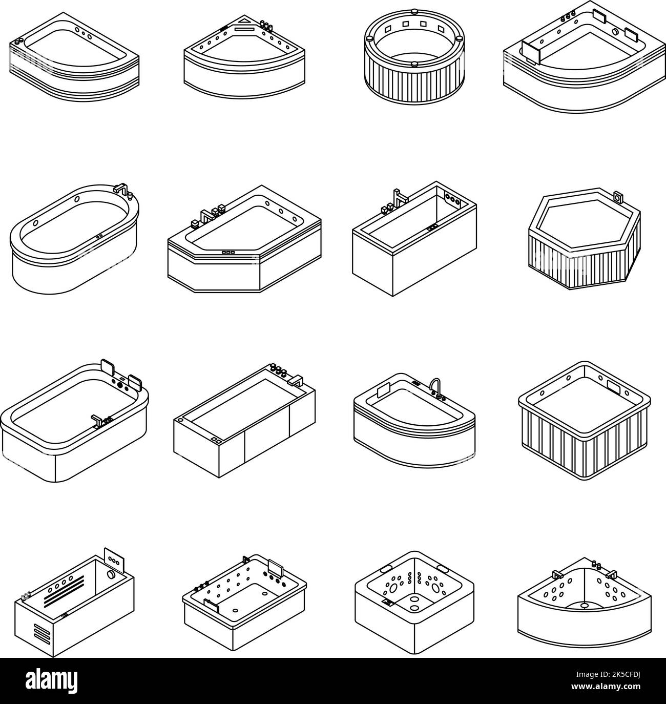 Jacuzzi icons set. Isometric set of jacuzzi vector icons thin line