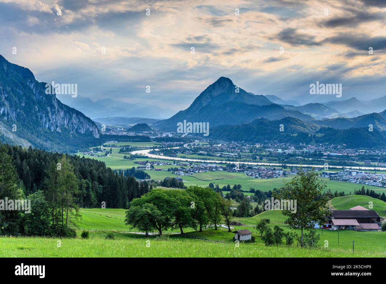 Austria, Tyrol, Lower Inn Valley, Ebbs, Buchberg, Inn Valley with Kufstein against Pendling Stock Photo