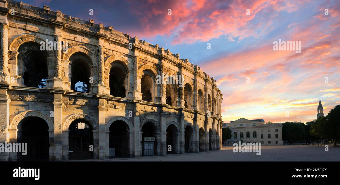 View of famous amphitheater in the morning, Nimes city , France Stock Photo