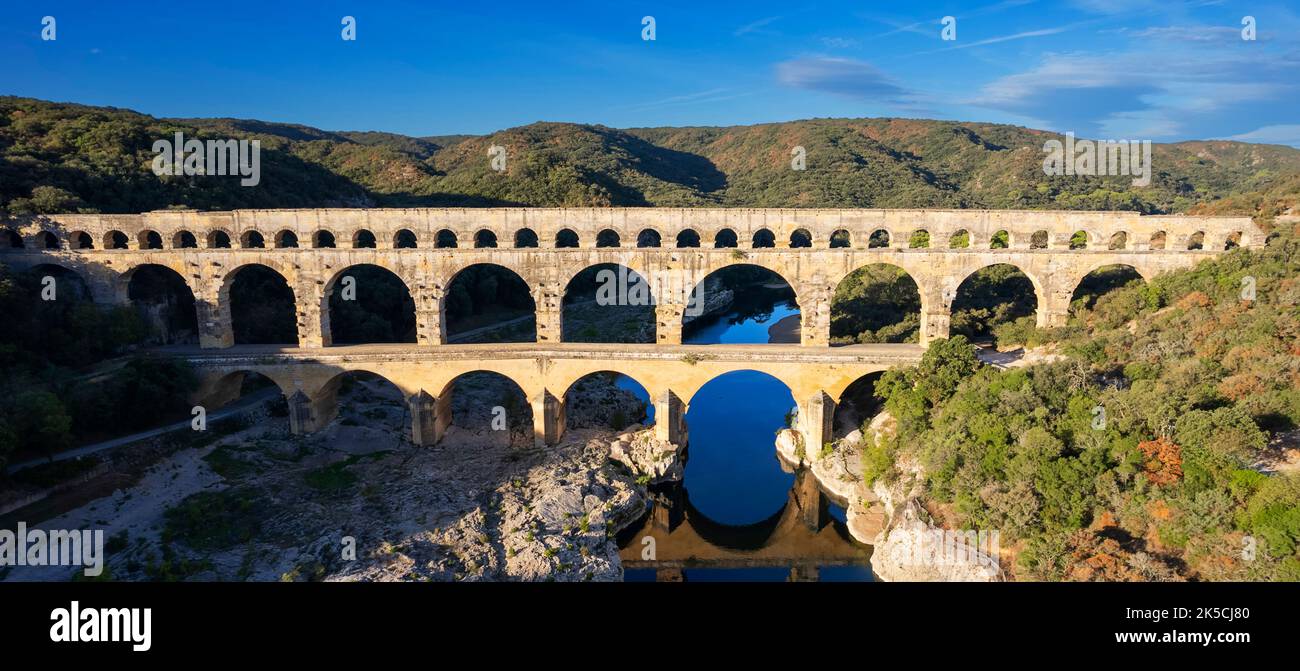 Aerial view of famous Pont du Gard, old roman aqueduct in France, Europe Stock Photo